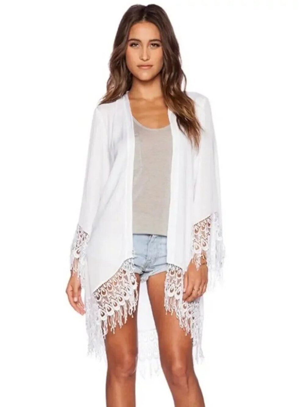 Show Me Your Mumu White Lace Fringe Kimono Cover Up Boho Festival Beach Size M